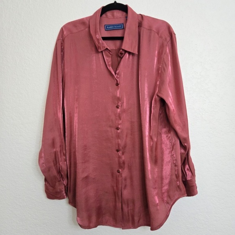 Karen Scott Women's XL Button Down‎ Shirt Pink Top Long Sleeve Shimmer
